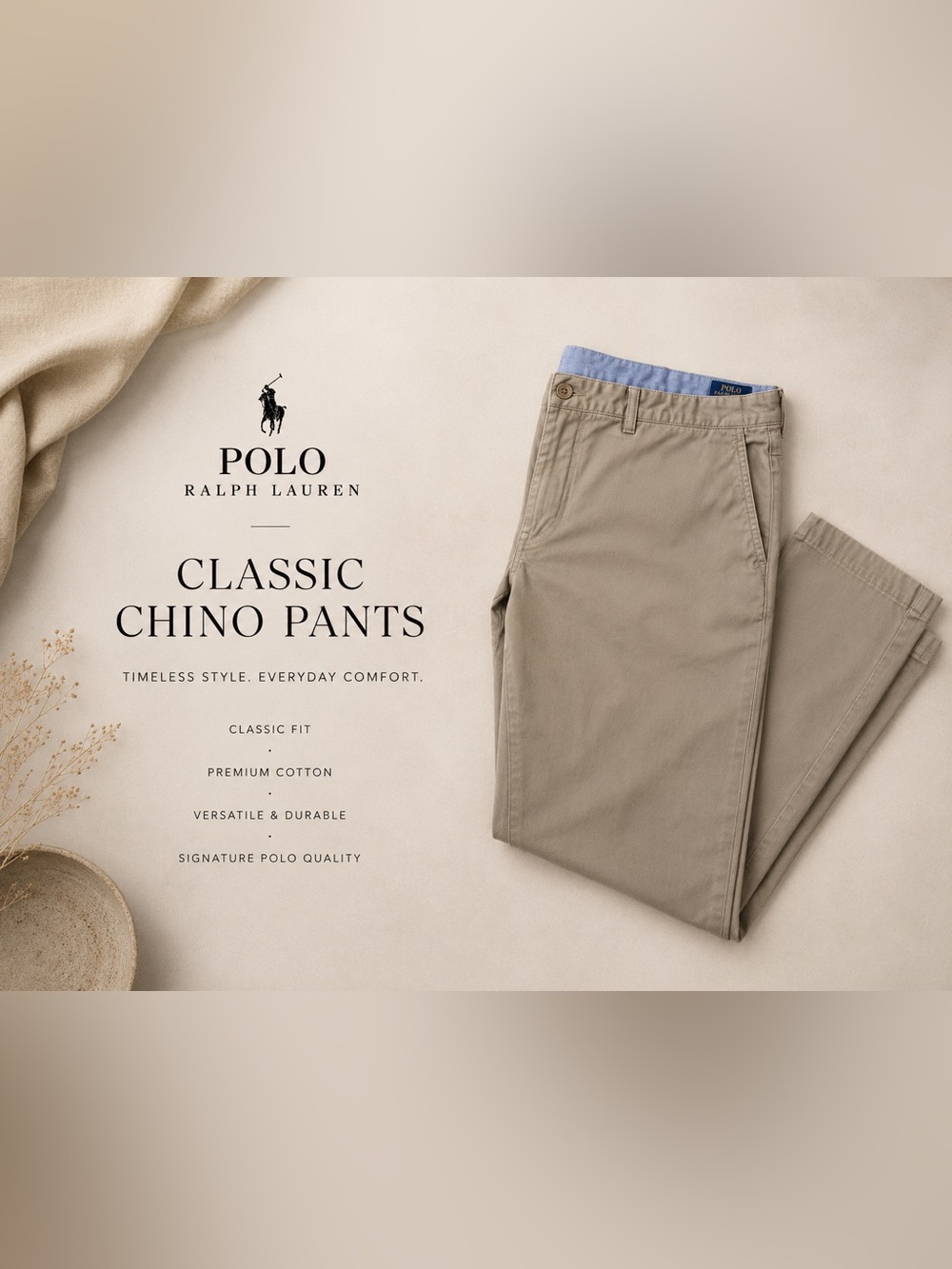 Polo by Ralph Lauren Men's Khaki Chino Pants with Blue Waistband